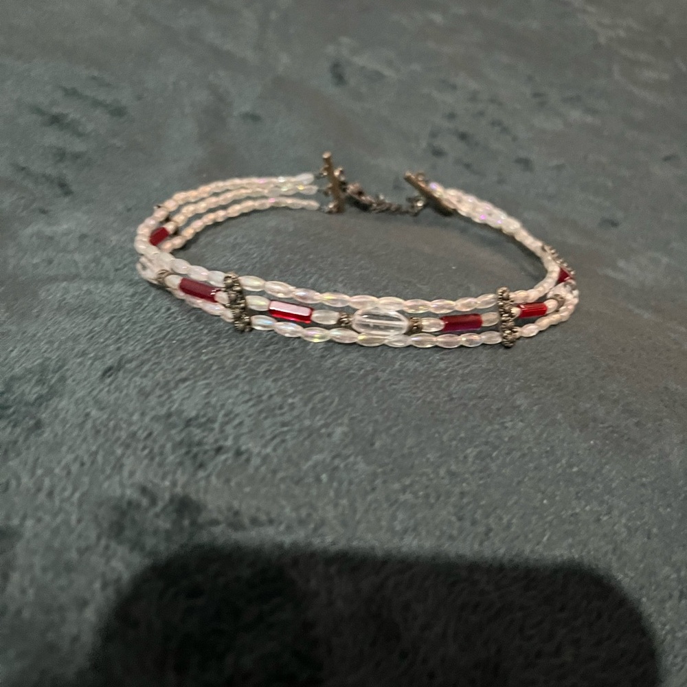 Handmade Red, Mother of Pearl, and Silver Beaded Necklace